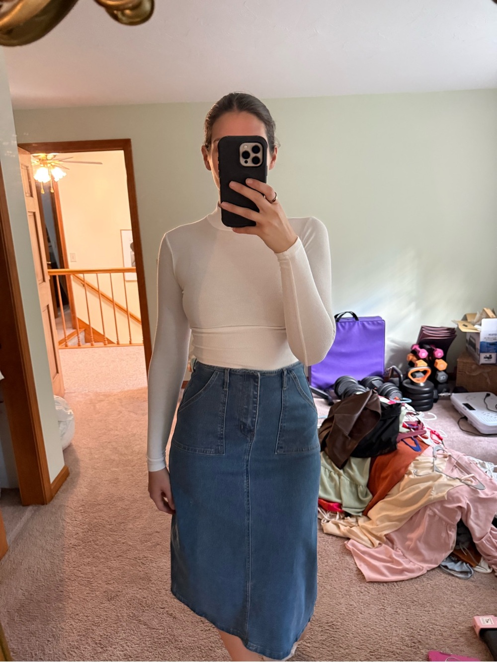 Amazon Cream Long Sleeve Top with Blue Denim Midi Skirt